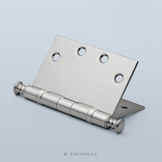 Wide-throw, wide-spaced, two ball bearing butt hinge to accept finial