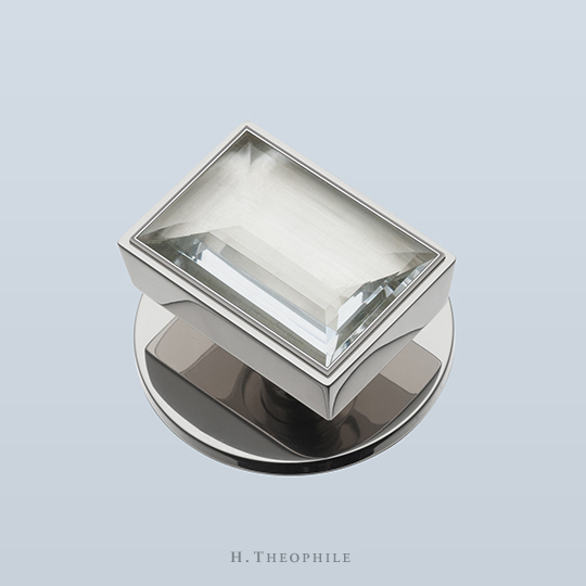 Rectangular rock crystal pull with crisp corners, with shaft